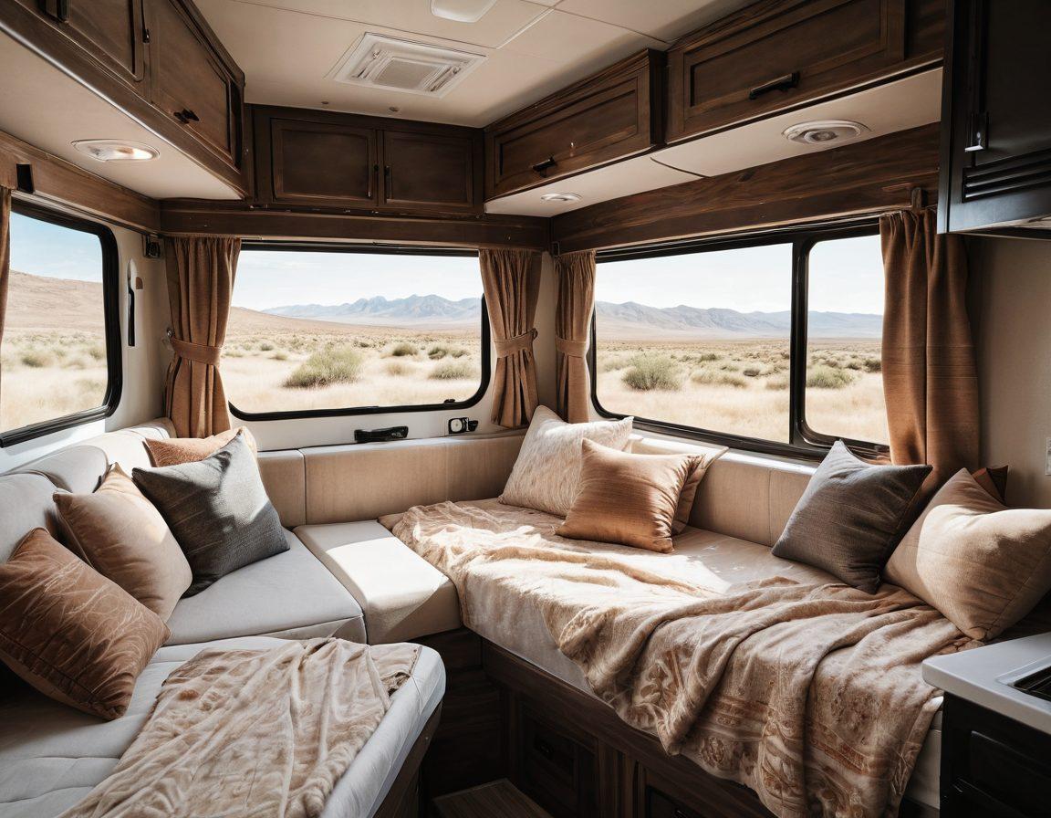 An inviting RV interior showcasing a luxurious, comfortable mattress surrounded by soft blankets and decorative pillows, with sunlight streaming through a window. The outside view features picturesque landscapes, hinting at travel and adventure. Include a cozy aesthetic with warm tones and subtle textures. super-realistic. vibrant colors. natural light.