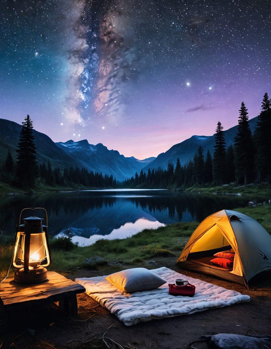 A cozy campsite setup featuring a compact, high-quality mattress laid out under a starlit sky. Surround the scene with gently glowing lanterns, a steaming cup of herbal tea on a nearby stool, and travel gear subtly placed in the background. The mood should evoke relaxation and comfort, highlighting the importance of good sleep while traveling. soft focus. vibrant colors. digital painting.