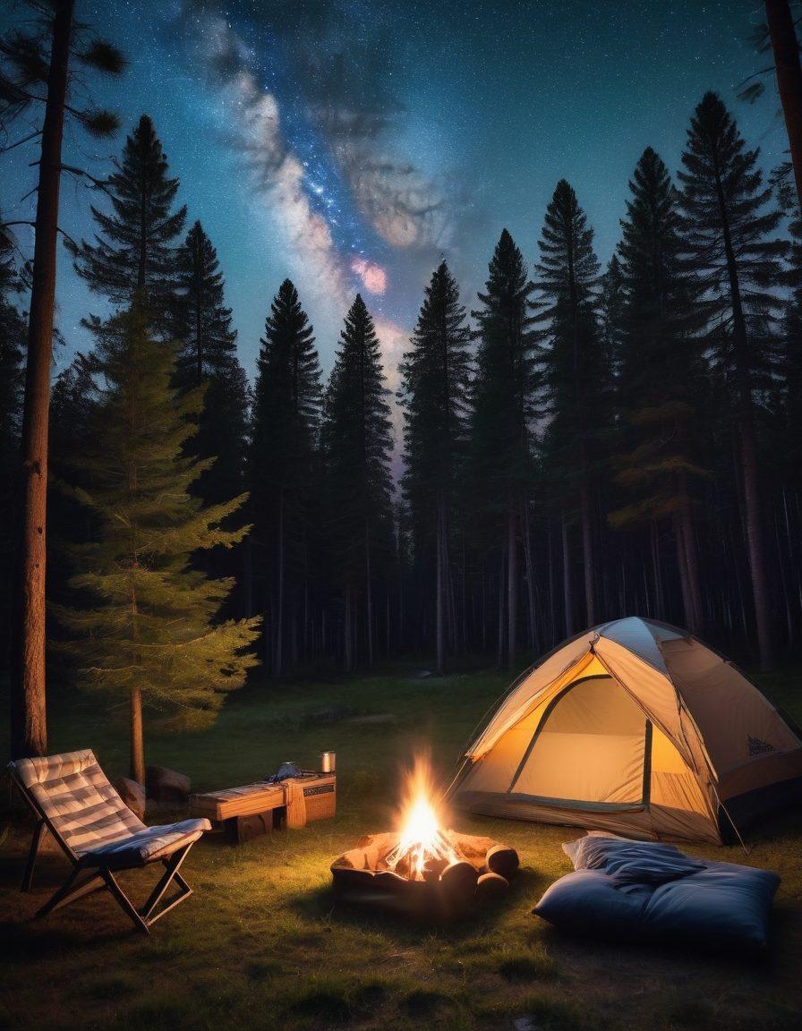 A serene camping scene featuring a cozy tent set up on a grassy area surrounded by tall pine trees, with a comfortable mattress visible inside the tent. In the foreground, a campfire is crackling, and a starry night sky twinkles above, adding to the peaceful atmosphere. Add a couple of camping chairs and a picnic basket nearby to enhance the homey feel. The overall mood should evoke a sense of tranquility and adventure. super-realistic. vibrant colors. night sky.